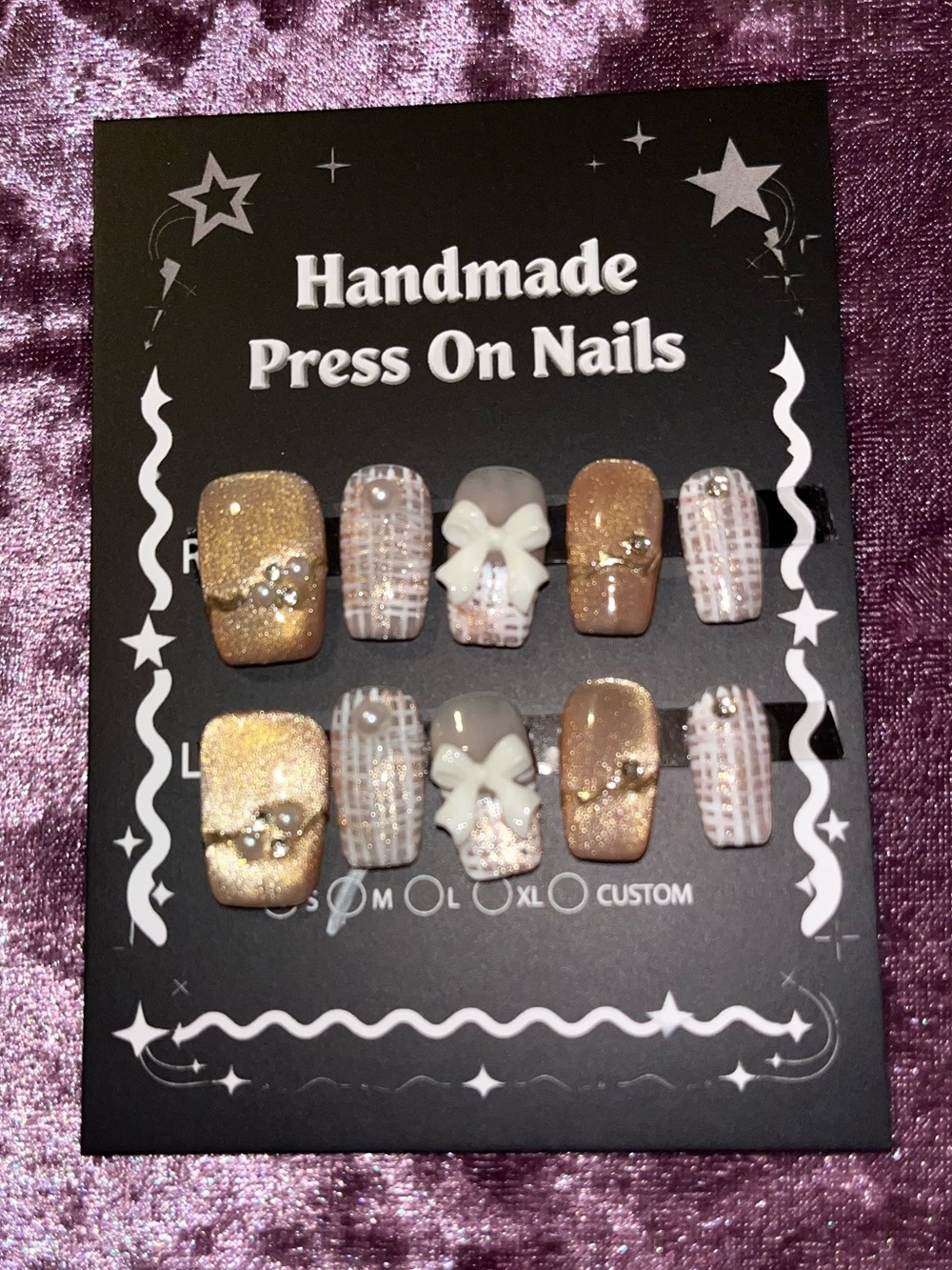 Handmade Press-On Nails in Gold & Pink - Decorative Bow Design